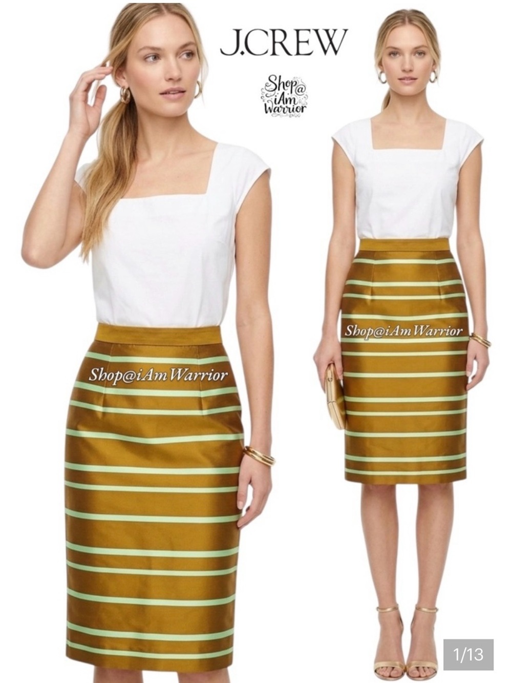 J. Crew striped pencil skirt I. Gold and green. 4